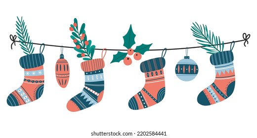 Christmas garland and warm socks  Christmas balls  Christmas flowers  needles  poinsettia  mistletoe  holly leaves   branches and berries  Vector winter hand drawn socks rope  