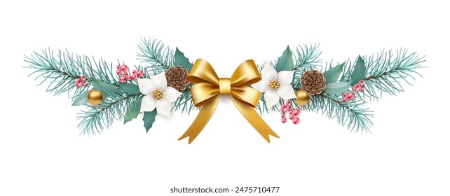 Christmas garland of white flowers, fir branches, fir cones tied with a golden bow on a white background. Christmas and New Year banner