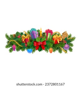 Christmas garland winter holidays greeting card. Pine and holly berry tree branches, decorated with bow, candle, gift box, bauble ball and cone