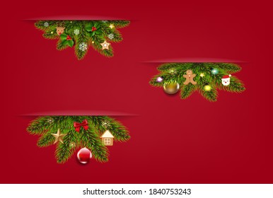 Christmas Garland With Xmas Toys Red Background With Gradient Mesh, Vector Illustration