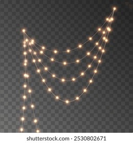 The Christmas garlands are available in a transparent vector background format. This set of Christmas glowing garlands is suitable for use in advertising invitations, web banners and postcards. 