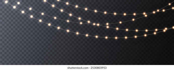 The Christmas garlands are available in a transparent vector background format. This set of Christmas glowing garlands is suitable for use in advertising invitations, web banners and postcards. 