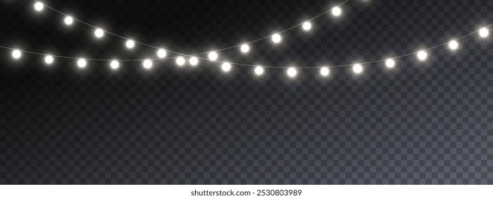 The Christmas garlands are available in a transparent vector background format. This set of Christmas glowing garlands is suitable for use in advertising invitations, web banners and postcards. 