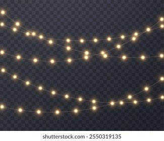The Christmas garlands are available in a transparent vector background format. This set of Christmas glowing garlands is suitable for use in advertising invitations, web banners and postcards. 