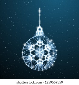 Christmas garlands balls low poly decoration on blue background with star and snow. Polygonal ball christmas tree decorative symbol. Vector wireframe winter holiday geometric design
