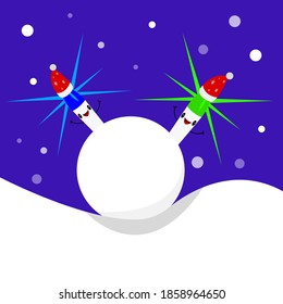 christmas garlands cartoon characters laugh and shine on the background of falling snow and evening sky concept of new year and winter