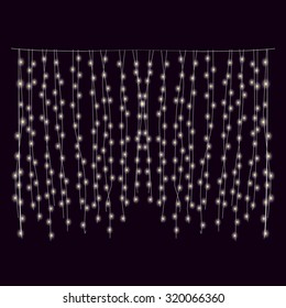 Christmas garlands decorated with vertical curtain and white round lights, isolated on black. Can be used to edit Christmas photos and pictures. Vector illustration.