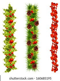 christmas garlands of fir tree, holly, red berries