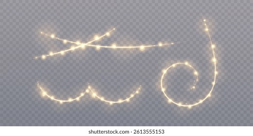 Christmas garlands with glowing warm bulbs and glitter on a transparent background. Perfect for party banners, holiday scenes, weddings or elegant evening decorations.