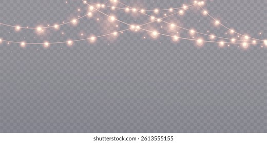 Christmas garlands with glowing warm bulbs and glitter on a transparent background. Perfect for party banners, holiday scenes, weddings or elegant evening decorations.