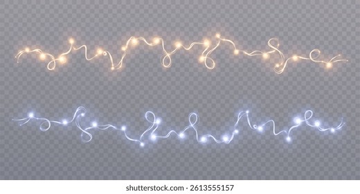 Christmas garlands with glowing warm bulbs and glitter on a transparent background. Perfect for party banners, holiday scenes, weddings or elegant evening decorations.