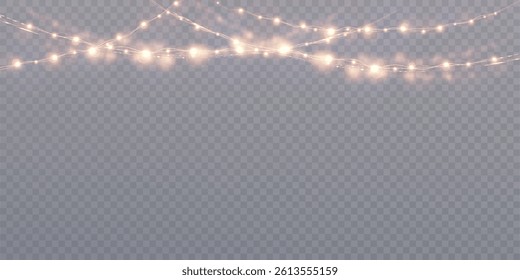 Christmas garlands with glowing warm bulbs and glitter on a transparent background. Perfect for party banners, holiday scenes, weddings or elegant evening decorations.