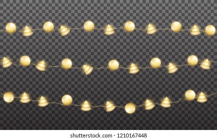 Christmas garlands. Gold shiny balls lights. Xmas festive gold metallic decoration.
