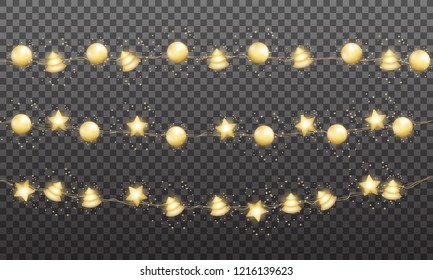 Christmas garlands. Gold shiny balls lights. Xmas festive gold metallic decoration.