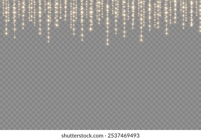 Christmas garlands with golden glitter. Christmas lights for holiday illustrations. Festive Christmas gold garlands, dust, glitter and star. Bright decorative element for greeting cards