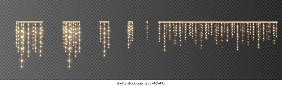 Christmas garlands with golden glitter. Christmas lights for holiday illustrations. Festive Christmas gold garlands, dust, glitter and star. Bright decorative element for greeting cards