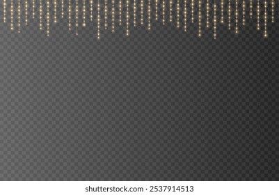 Christmas garlands with golden glitter. Christmas lights for holiday illustrations. Festive Christmas gold garlands, dust, glitter and star. Bright decorative element for greeting cards