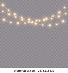 Christmas Garlands of Golden Lights: Transparent Background Decorations for New Year and Festive Holiday Designs, Including Cards, Invitations, and Web Banners