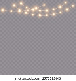 Christmas Garlands of Golden Lights: Transparent Background Decorations for New Year and Festive Holiday Designs, Including Cards, Invitations, and Web Banners