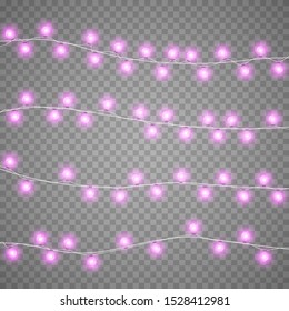 Christmas garlands isolation on transparent background. Xmas realistic overlay garlands lights card. Holidays decorations bright garlands lamps. Vector gloving garland illustration
