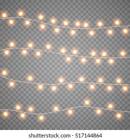 Christmas garlands isolation on transparent background. Xmas realistic overlay garlands lights card. Holidays decorations bright garlands lamps. Vector gloving garland illustration