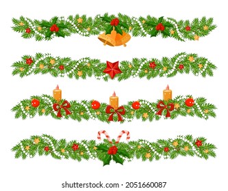 Christmas garlands made of spruce paws with different decor. A set of 4 horizontal borders.
