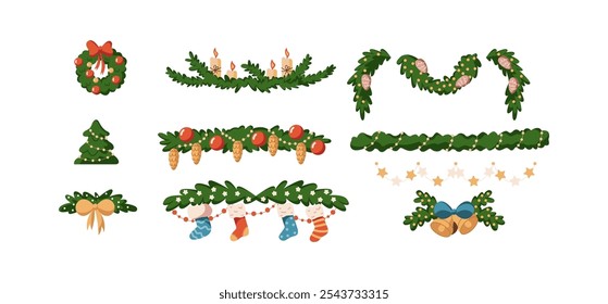 Christmas garlands with socks bells and fir branches flat color vector objects set. Holiday season decor illustrations bundle on white background