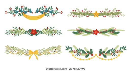 Christmas Garlands, Twinkling Border Strands Of Evergreen Plants, Adorned With Stars, Ribbons And Lights, Bringing Festive Warmth And Joy To Home During The Holiday Season. Cartoon Vector Illustration