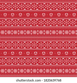 Weihnachtsbekleidung und Schneeflocken-Pullover-Muster und Vintage-weiße Linien auf rotem Hintergrund