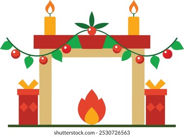A "Christmas gate decoration vector illustration" depicts a festive entrance adorned with holiday elements like wreaths, garlands, ribbons, and lights. 