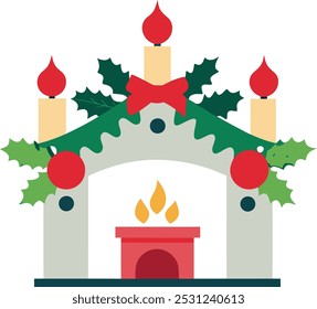 A "Christmas gate decoration vector illustration" features festive elements like wreaths, garlands, lights, and ornaments arranged around a gate. The design is colorful and cheerful, 