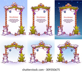Christmas gate with snowman and pine tree with space for text. Vector illustration.