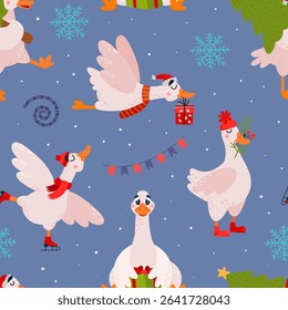 Christmas geese seamless pattern. Funny goose with new year gift, fir tree branch and gift box. Print for fabric, wallpaper, cartoon classy vector background