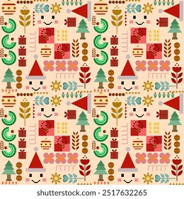 Christmas geometric abstract decorative graphic design flat Scandinavian seamless pattern on beautiful background. Perfect design for postcard, brochure, wallpaper, background, wrapping, embroidery