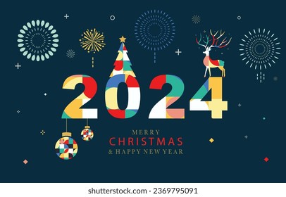 Christmas geometric background with ball,tree,reindeer.Editable vector illustration for postcard,a4 size