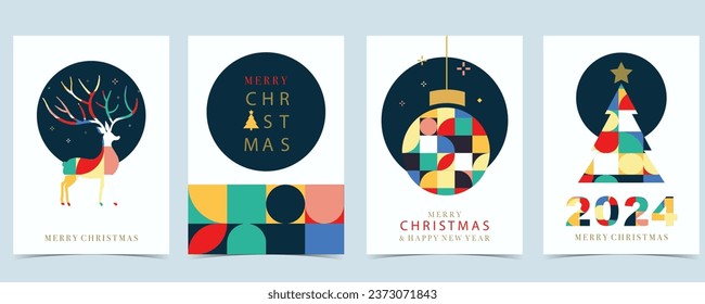 Christmas geometric background with ball,tree,reindeer.Editable vector illustration for postcard,a4 size