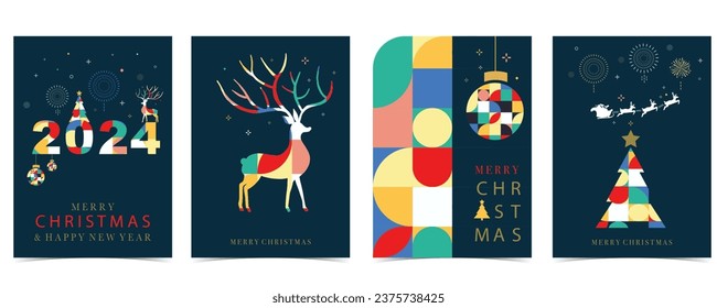 Christmas geometric background with ball,tree,reindeer.Editable vector illustration for postcard,a4 size