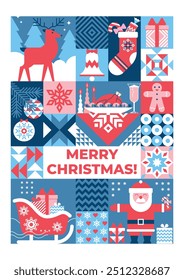 Christmas geometric background with holiday symbols: Santa Claus, deer, festive dinner, gifts, tree branch with decorations. Poster, postcard, cover, banner, flyer