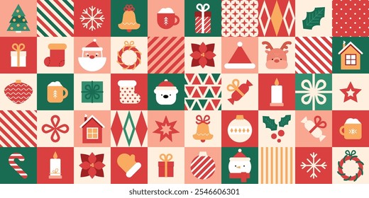 Christmas geometric background with ornaments and icons in tiles. Mosaic seamless pattern. New Year geometry shapes and characters. Vector trendy illustration. Banner, wallpaper design.