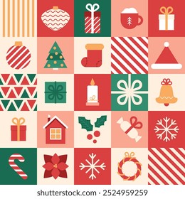 Christmas geometric background. Seamless pattern with simple traditional icons, graphic New year design. Modern vector illustration. Abstract xmas mosaic, square ornament. Tiles banner.