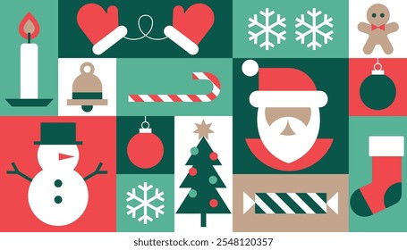 Fundo geométrico de Natal. Padrão perfeito com ícones tradicionais simples, design gráfico de ano novo. Ilustração vetorial moderna. Abstrato mosaico de Natal, ornamento quadrado. Banner do ladrilho.