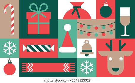 Christmas geometric background. Seamless pattern with simple traditional icons, graphic new year design. Modern vector illustration. Abstract christmas mosaic, square ornament. Tile banner.