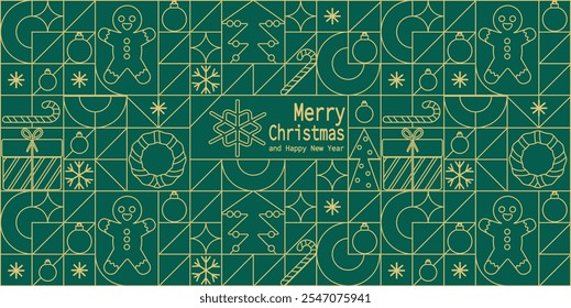 Christmas geometric background with simple line elements. Christmas abstract. Merry Christmas and Happy New Year abstract line design. Mosaic and Scandinavian style. Vector illustration