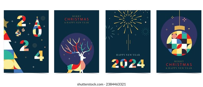 Christmas geometric background with christmas tree,reindeer.Editable vector illustration for postcard,a4 size