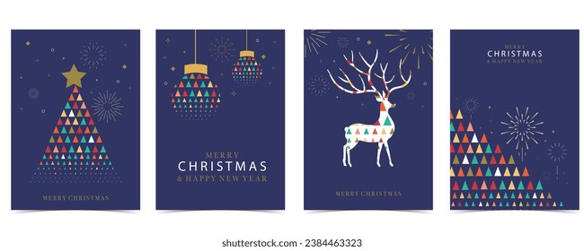 Christmas geometric background with christmas tree,reindeer.Editable vector illustration for postcard,a4 size