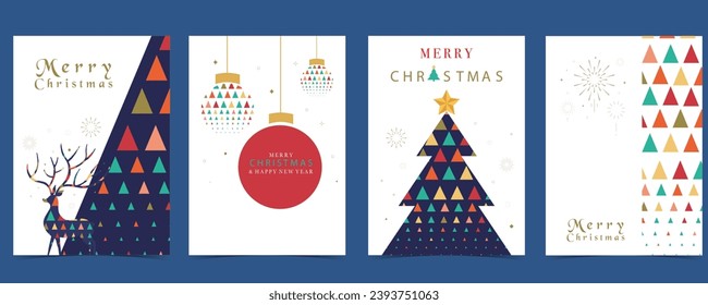 Christmas geometric background with christmas tree,reindeer.Editable vector illustration for postcard,a4 size