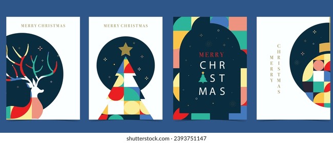 Christmas geometric background with christmas tree,reindeer.Editable vector illustration for postcard,a4 size