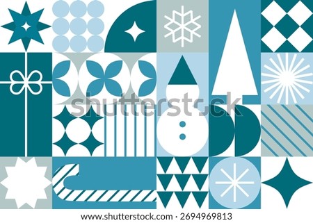 Christmas geometric background with winter icons. Seamless pattern with tree, snowman, candy cane and gift. New year wallpaper in Scandinavian bauhaus style. Holiday modern design. Vector illustration