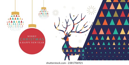 Christmas geometric banner background with christmas tree,reindeer.Editable vector illustration for postcard,horizontal size