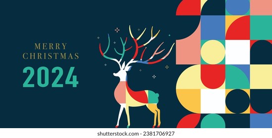 Fondo de banner geométrico de Navidad con árbol de navidad,reno.Ilustración vectorial editable para postal,tamaño horizontal